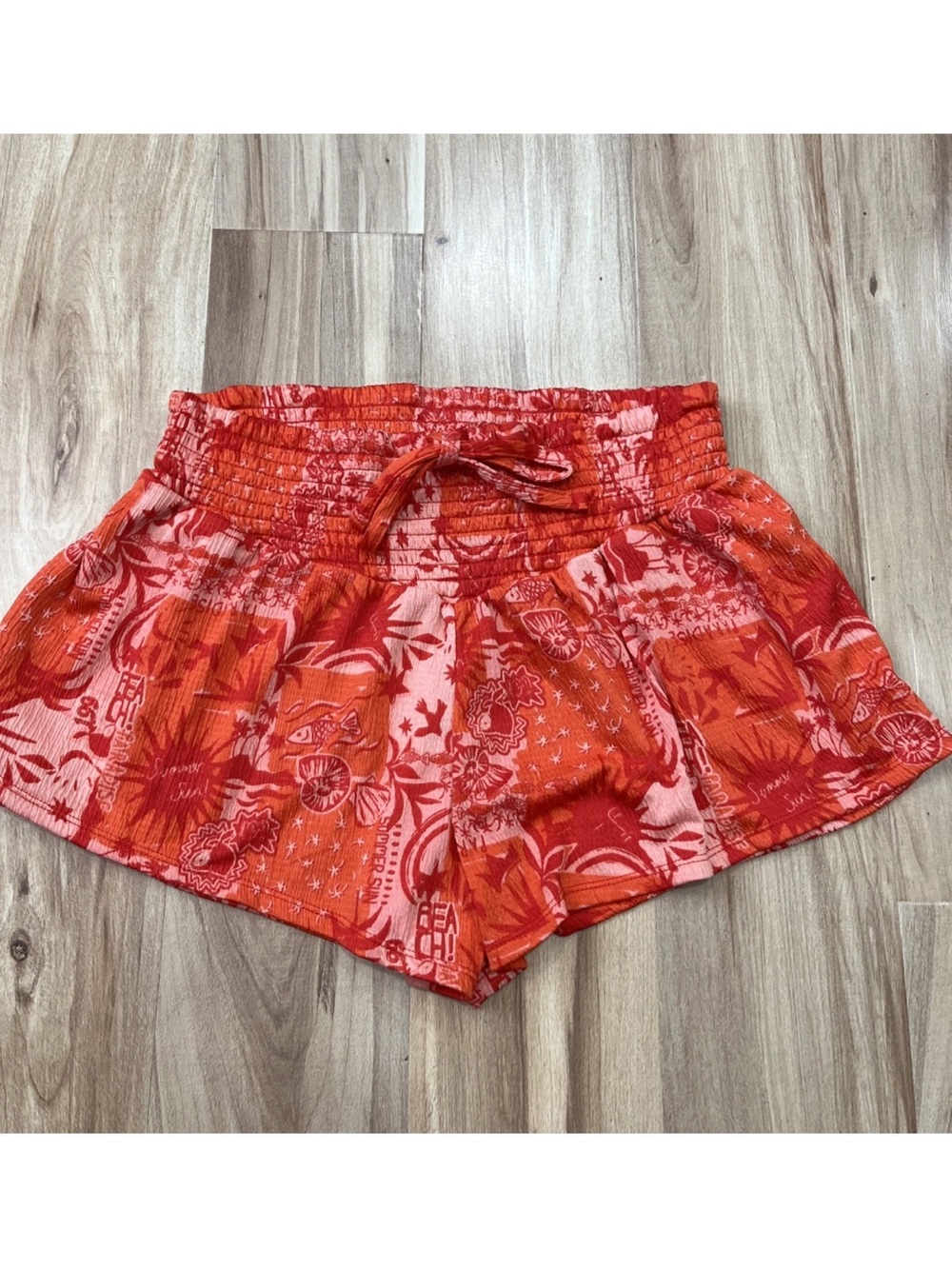 No Boundaries Red Printed High-Waist Smocked Shorts